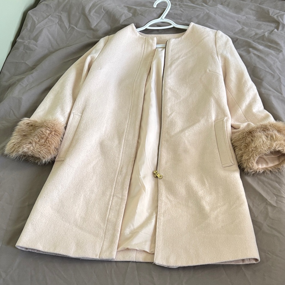 GU Japan Wool-Blend Collarless Coat with Faux Fur Cuffs